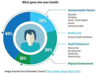 Breakdown of Socio Economic Factors, Health Care, Health Behaviours and, Physical Environment that goes into your health
